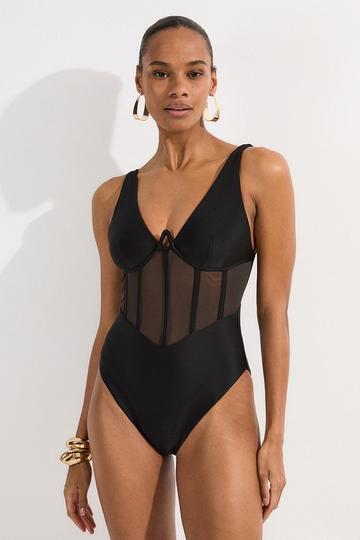 Black Panelled Mesh Cup Detail Swimsuit