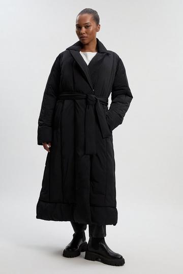 Black Plus Size Clean Padded Belted Midi Coat