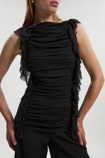 Bandage Mesh Gathered Ruffle Knit Top black