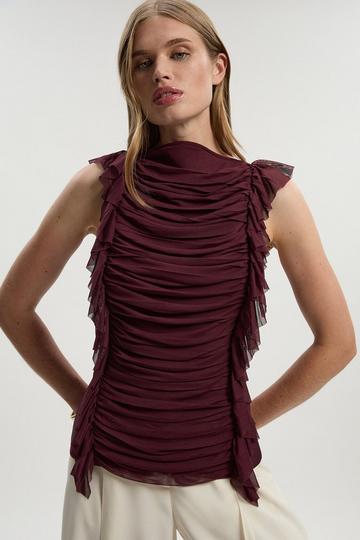 Bandage Mesh Gathered Ruffle Knit Top burgundy