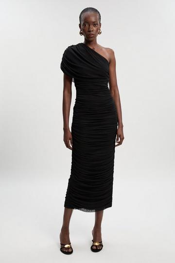 Bandage Mesh Gathered Asymmetric Neck Knitted Maxi Dress black