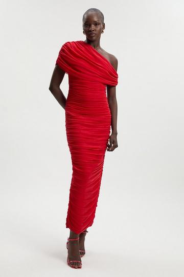 Red Bandage Mesh Gathered Asymmetric Neck Knitted Maxi Dress