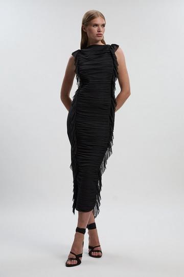 Black Bandage Mesh Gathered Ruffle Knitted Maxi Dress