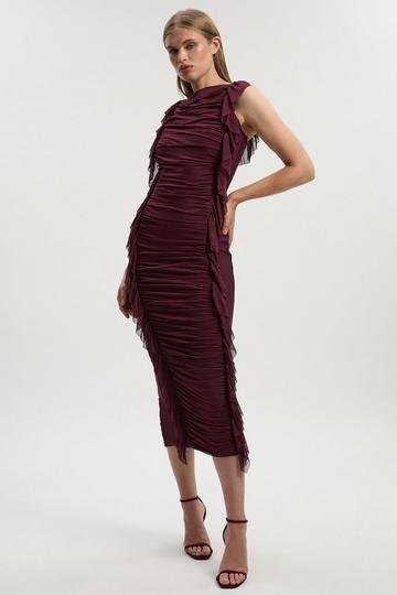 Bandage Mesh Gathered Ruffle Knitted Maxi Dress burgundy
