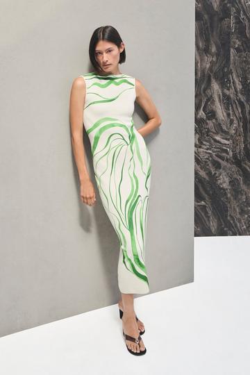 Green Abstract Print Knitted Maxi Dress