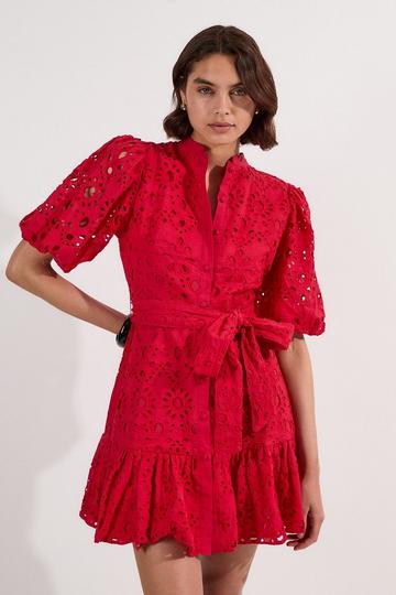 Petite Cotton Broderie Woven Tie Waist Mini Dress red