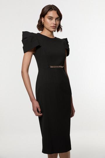 Black Structured Crepe Shoulder Detail Tailored Midi Dress