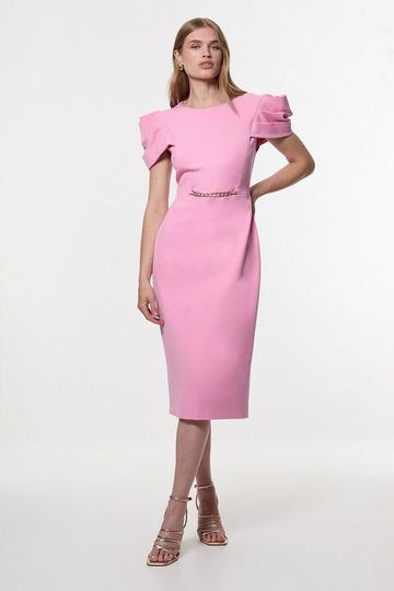 Pink Structured Crepe Shoulder Detail Tailored Midi Dress