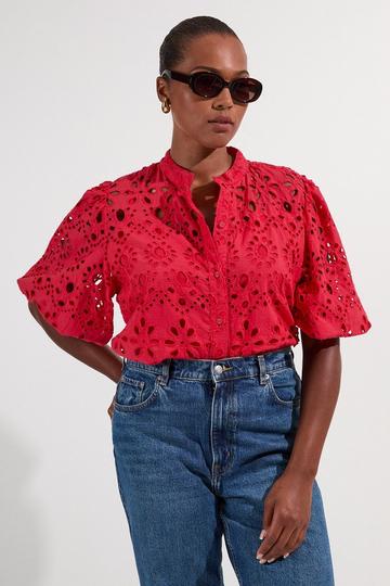 Red Plus Size Cotton Broderie Woven Short Sleeve Blouse