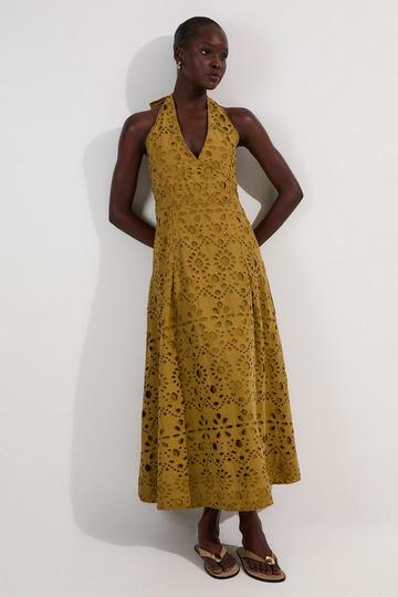 Cotton Broderie Halterneck Woven Maxi Dress chartreuse