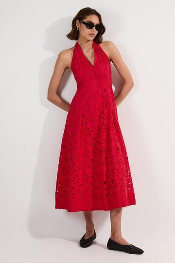Red Cotton Broderie Halterneck Woven Maxi Dress
