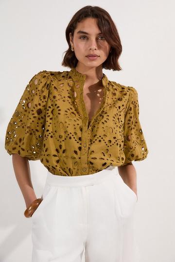 Cotton Broderie Woven Short Sleeve Blouse chartreuse