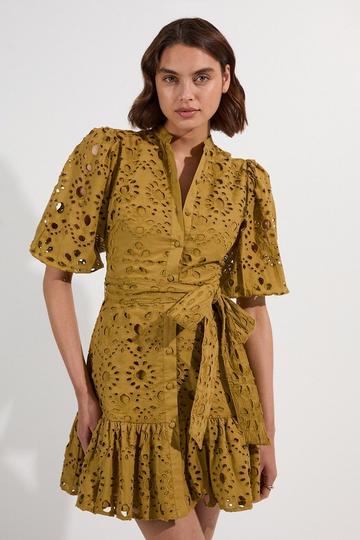 Cotton Broderie Woven Tie Waist Mini Dress chartreuse