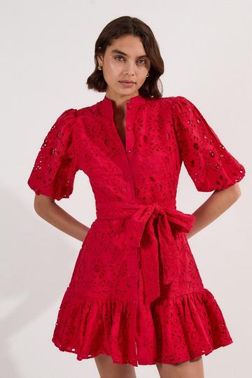 Cotton Broderie Woven Tie Waist Mini Dress red