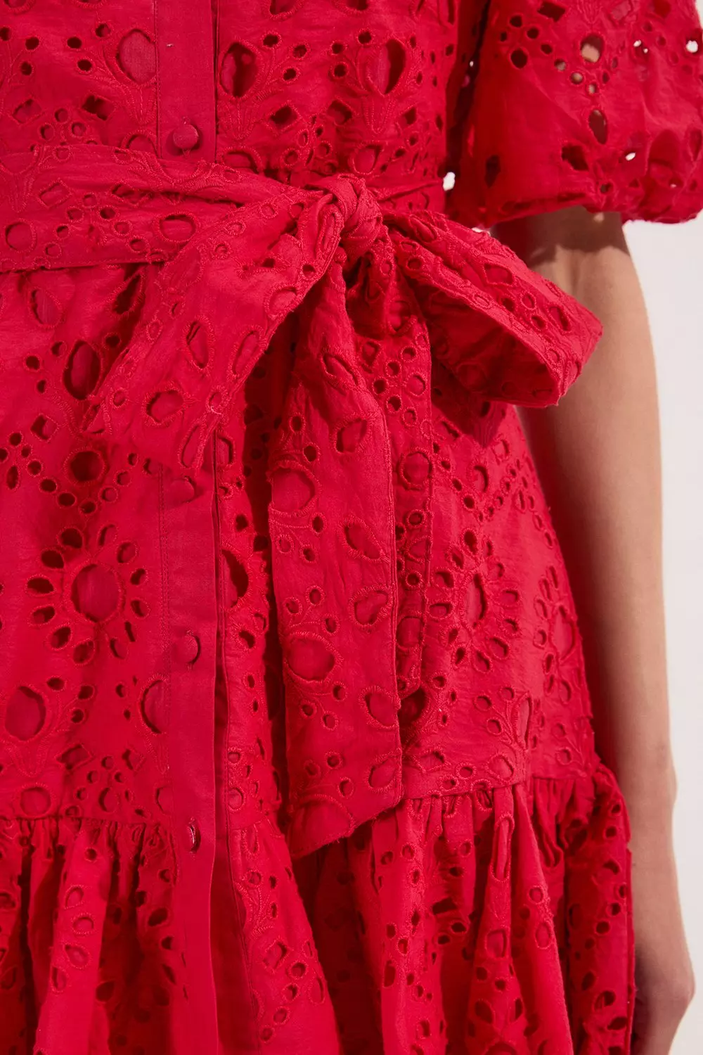 Cotton Broderie Woven Tie Waist Mini Dress | Karen Millen