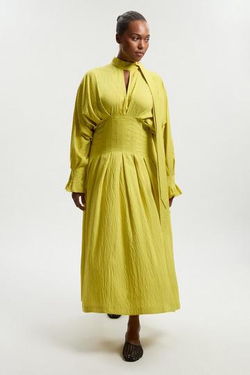 Plus Size Pleated Neck Tie Detail Woven Maxi Dress chartreuse