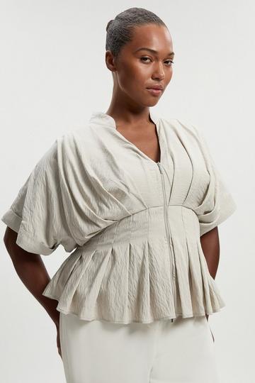 Plus Size Pleated Neck Tie Detail Woven Short Sleeve Shirt stone