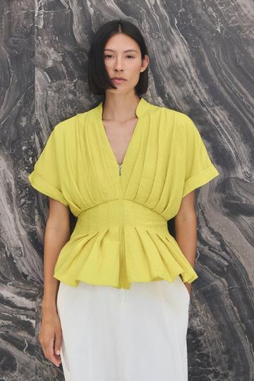 Pleated Neck Tie Detail Woven Short Sleeve Shirt chartreuse