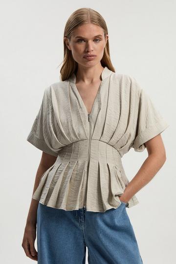 Pleated Neck Tie Detail Woven Short Sleeve Shirt stone