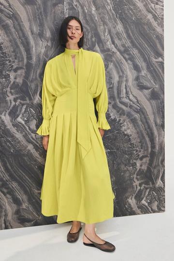 Pleated Neck Tie Detail Woven Maxi Dress chartreuse