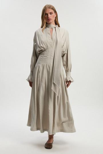 Pleated Neck Tie Detail Woven Maxi Dress stone