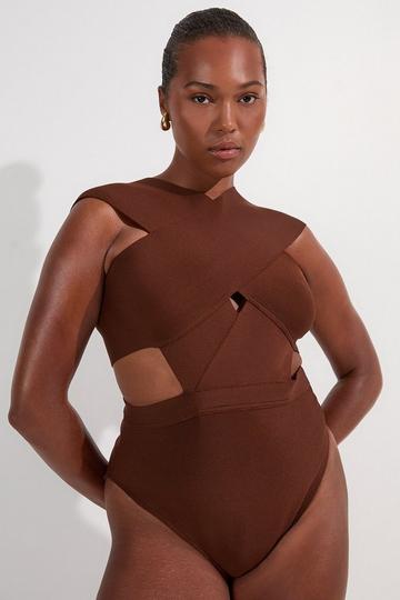 Plus Size Bandage Textured Cross Front Swimsuit choc brown