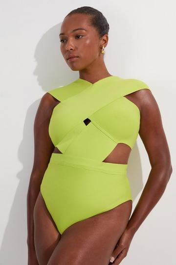 Plus Size Bandage Textured Cross Front Swimsuit lime