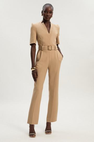 Tall Structured Crepe Forever Belted Jumpsuit camel