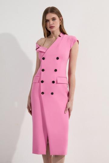 Petite Compact Stretch Asymmetric Collar Tailored Pencil Maxi Dress pink