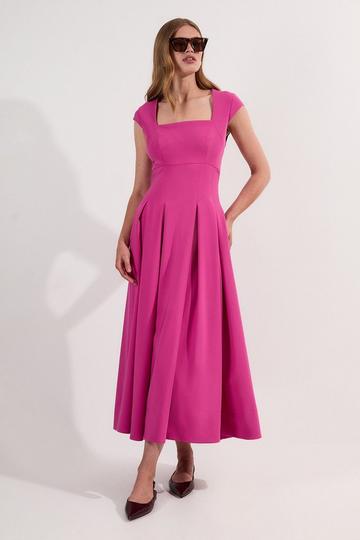 Tailored Square Neck Full Skirted Midi Dress fuchsia
