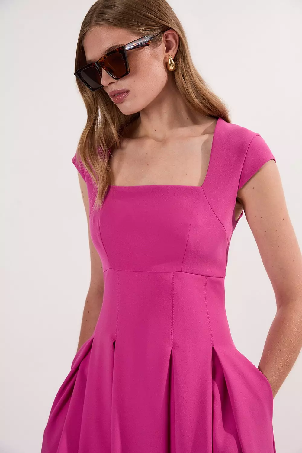 Tailored Square Neck Full Skirted Midi Dress | Karen Millen