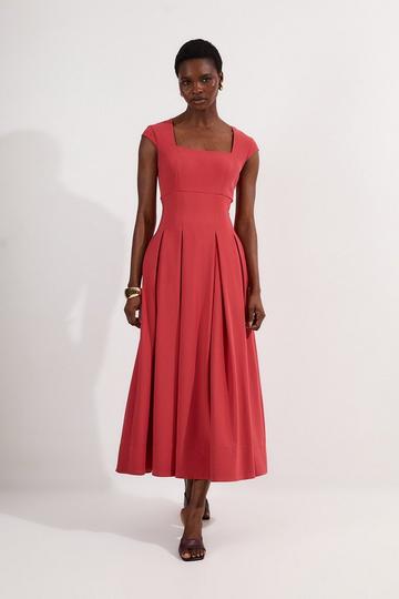 Orange Tailored Square Neck Full Skirted Midi Dress