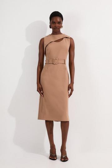 Compact Stretch Belted Pencil Midi Dress camel