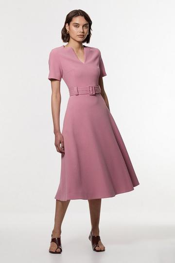 Pink Compact Stretch Belted Full Skirted Midi Dress