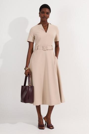 Compact Stretch Belted Full Skirted Midi Dress stone