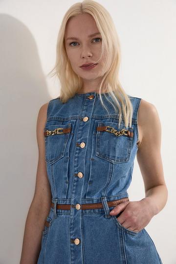Blue Petite Denim & Faux Leather Tipping Sleeveless Midi Dress