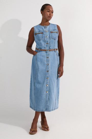 Plus Size Denim & Faux Leather Tipping Sleeveless Midi Dress light blue