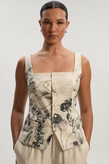 Viscose Linen Scenic Placed Print Strappy Top mono