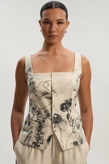 Petite Viscose Linen Scenic Placed Print Strappy Top mono