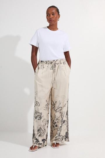 Plus Size Viscose Linen Scenic Placed Print Woven Wide Leg Trousers mono