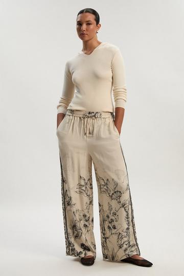 Petite Viscose Linen Scenic Placed Print Woven Wide Leg Trousers mono