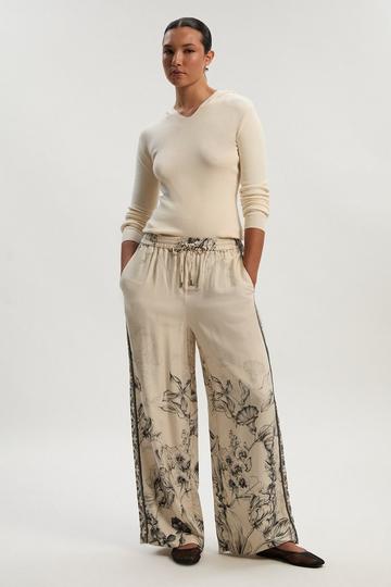 Viscose Linen Scenic Placed Print Woven Wide Leg Trousers mono