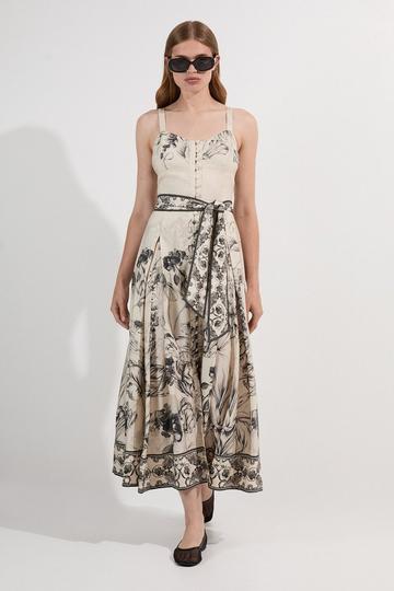 Viscose Linen Scenic Placed Print Strappy Woven Midi Dress mono