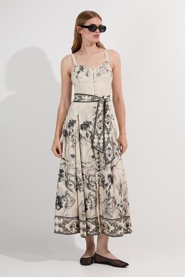 Petite Viscose Linen Scenic Placed Print Strappy Woven Midi Dress mono