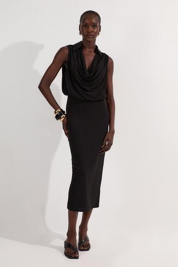 Black Drape Collared Crepe Maxi Dress