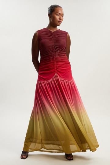 Red Plus Size Ombre Rouched Jersey Sleeveless Mesh Maxi Dress