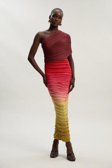 Red Ombre One Shoulder Mesh Jersey Maxi Dress