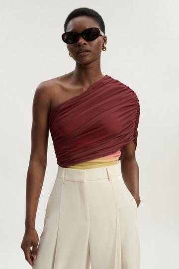 Ombre One Shoulder Mesh Jersey Bodysuit red