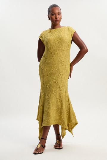 Plus Size Textured Hanky Hem Short Sleeve Trim Detail Jersey Maxi Dress chartreuse