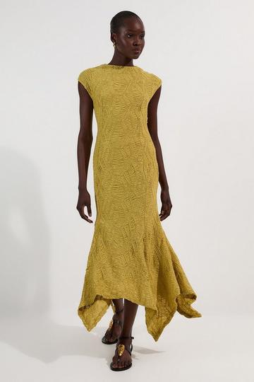Textured Hanky Hem Short Sleeve Trim Detail Jersey Maxi Dress chartreuse